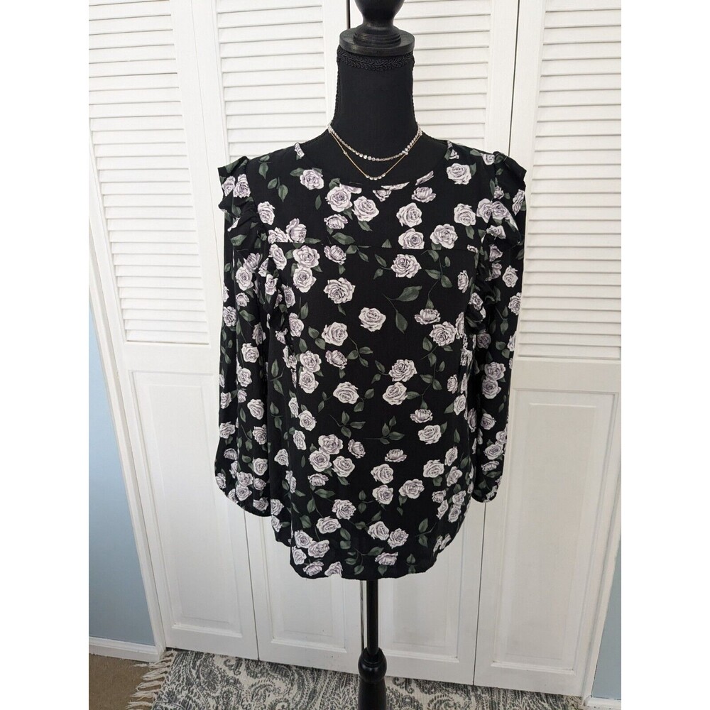 LOFT Top Women's M Black White Floral Blouse Boho Chic Peasant Romantic Ruffle